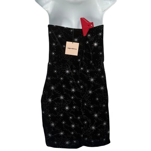 Superdown Black Silver Atomic Star Velvet Metallic Strapless Dress Sz M NEW Tags - Picture 3 of 10